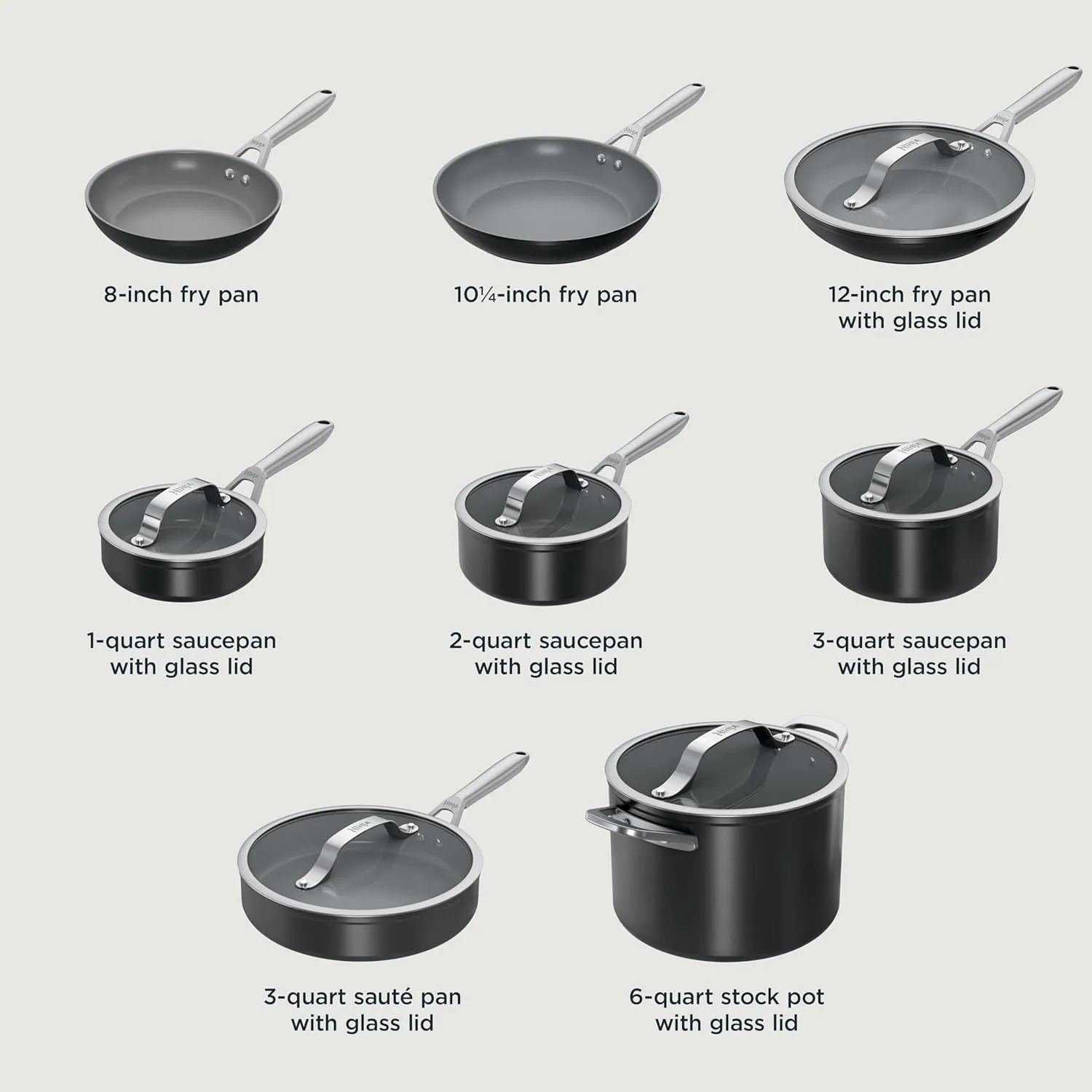 Ninja NeverStick Ceramic Pro 14-Piece Cookware Set, Non-Stick Pots & Pans Set with Glass Lids, Ceramic, Stainless Steel, Stove to Oven Safe, All Stovetops & Induction Compatible, Black, CW39014BK