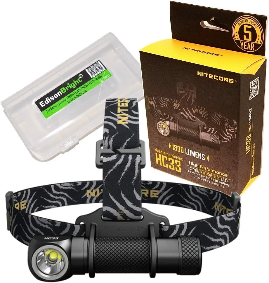 Nitecore HC33 1800 Lumens CREE XHP35 LED Dual-Form Compact headlamp Bundled with EdisonBright Battery Carry case