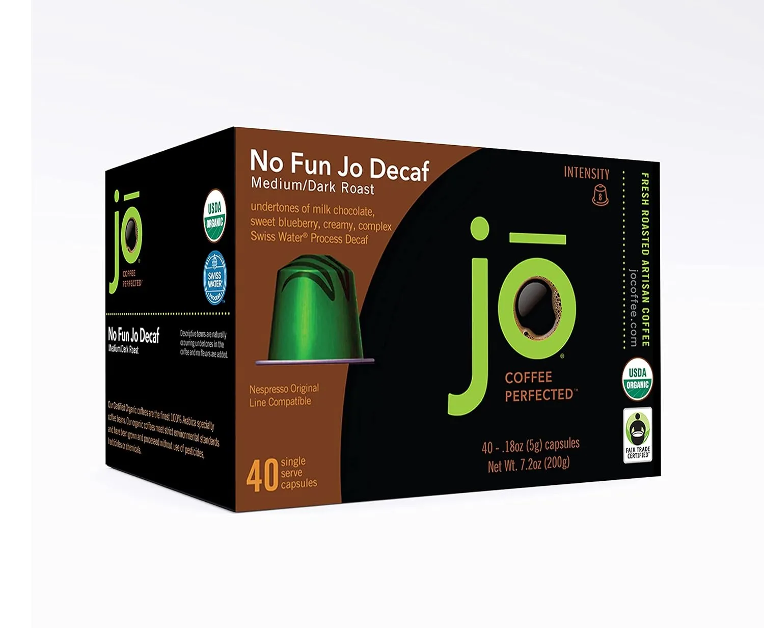 NO FUN JO DECAF: 40 Organic Nespresso Compatible Espresso Pods for Original Line Brewers, Medium/Dark Roast, Recyclable Capsules, Swiss Water Process Decaf, Fair Trade Certified, for Espresso or Lungo