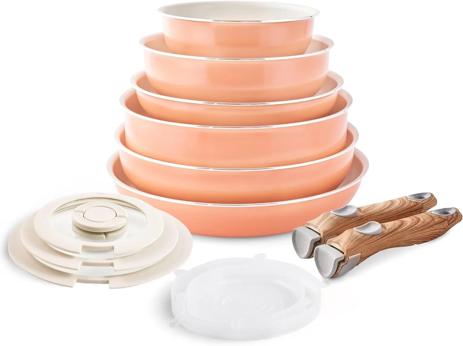 Nonstick Cookware Set - 13 PCS Stackable Pots and Pans Set Detachable Handle Camping Cookware, Granite Kitchen Cookware Sets Removable Handle, Non Toxic Nonstick Frying Pans for Cooking Set Gift Coral