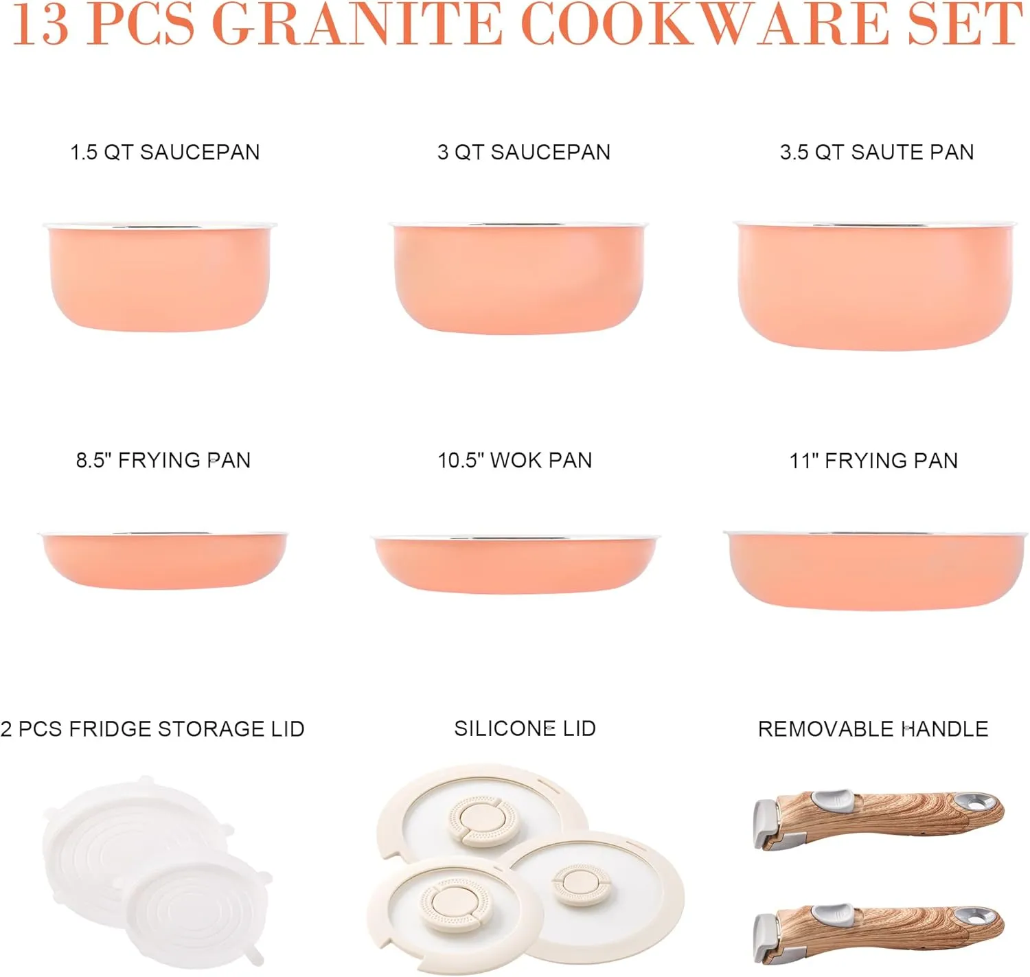 Nonstick Cookware Set - 13 PCS Stackable Pots and Pans Set Detachable Handle Camping Cookware, Granite Kitchen Cookware Sets Removable Handle, Non Toxic Nonstick Frying Pans for Cooking Set Gift Coral