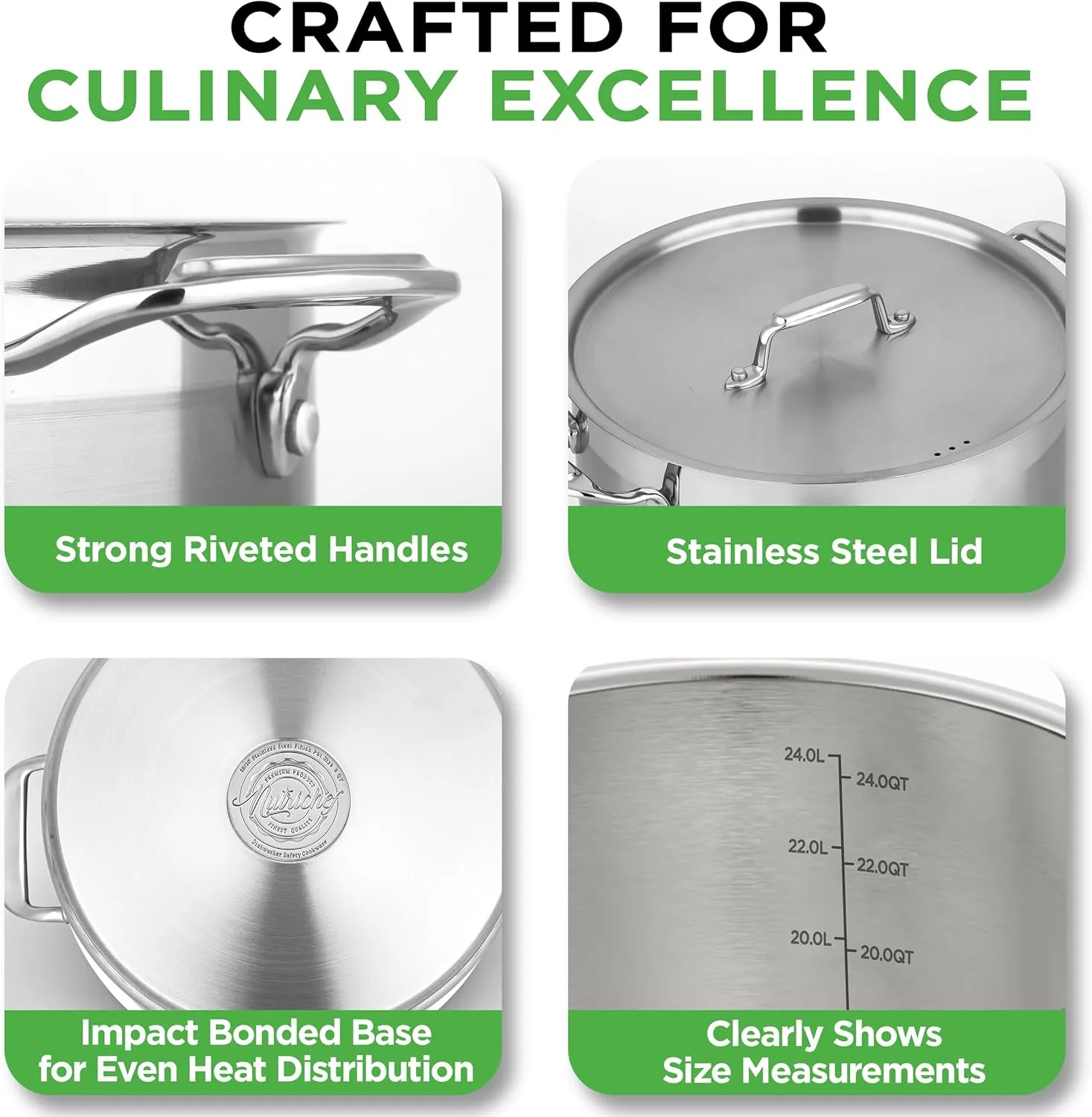 NutriChef Stainless Steel Cookware Stock Pot - 24 Quart, Heavy Duty Induction Soup Pot With Lid, Induction, Ceramic, Glass and Halogen Cooktops Compatible - NCSPT24Q