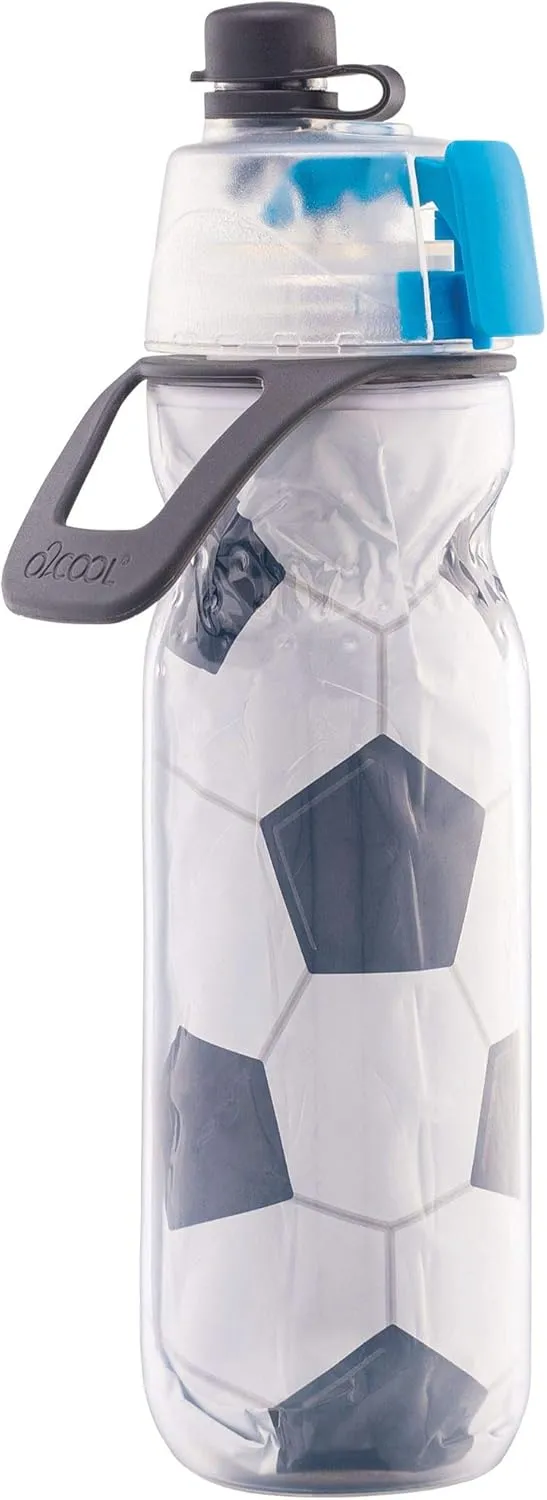 O2COOL Mist 'N Sip Misting Water Bottle 2-in-1 Mist And Sip Function With No Leak Pull Top Spout Reusable Sports Water Bottle - 20 oz (2 Pack Soccer)