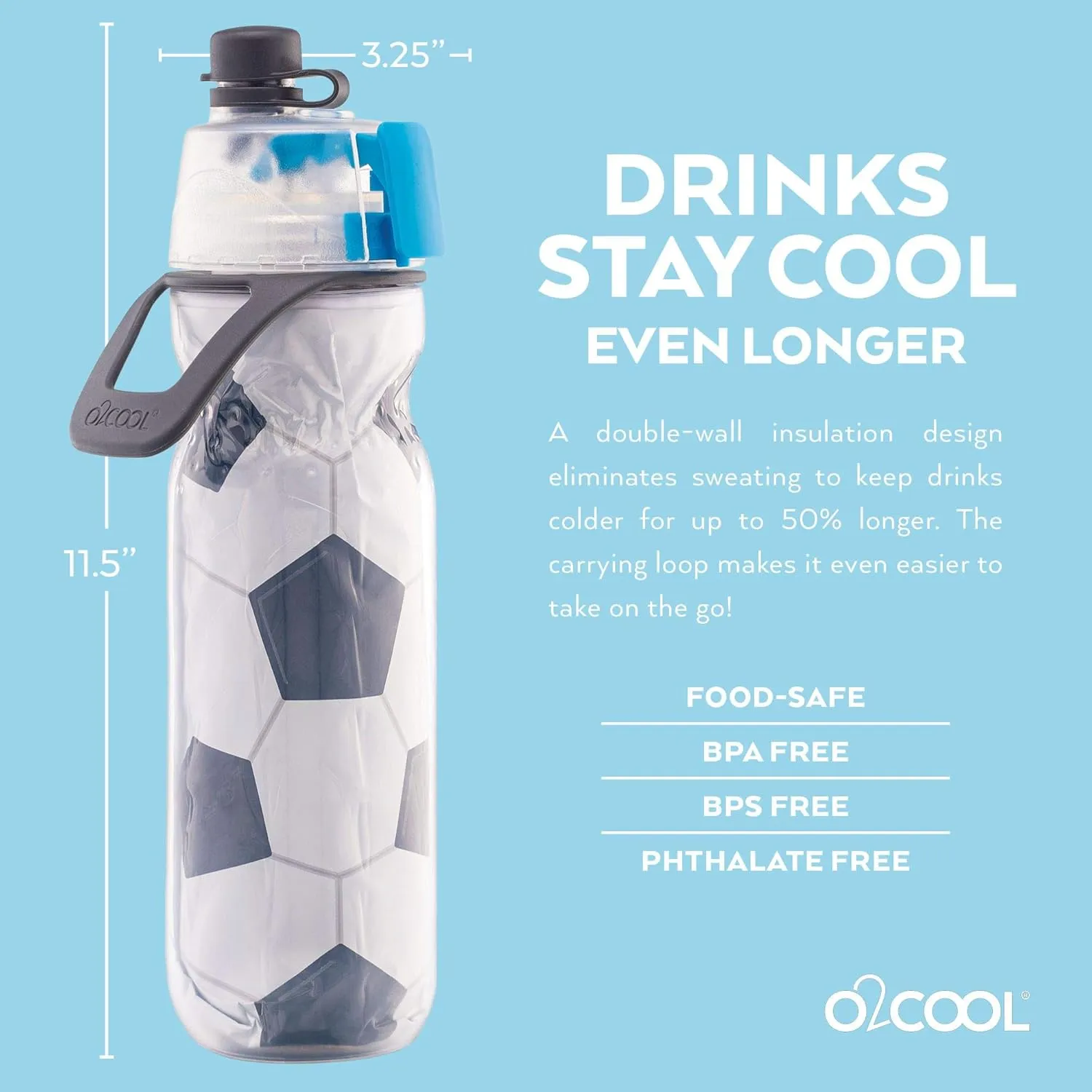 O2COOL Mist 'N Sip Misting Water Bottle 2-in-1 Mist And Sip Function With No Leak Pull Top Spout Reusable Sports Water Bottle - 20 oz (2 Pack Soccer)