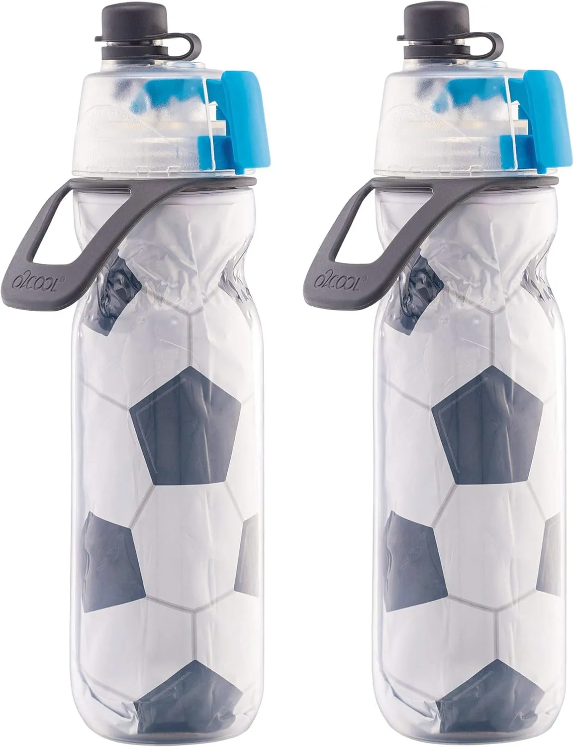 O2COOL Mist 'N Sip Misting Water Bottle 2-in-1 Mist And Sip Function With No Leak Pull Top Spout Reusable Sports Water Bottle - 20 oz (2 Pack Soccer)