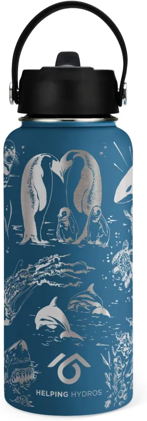 Oceans Water Bottle with Straw Lid | 32 oz Engraved Stainless Steel Insulated with Strap | Ocean, Sea & Beach Themed