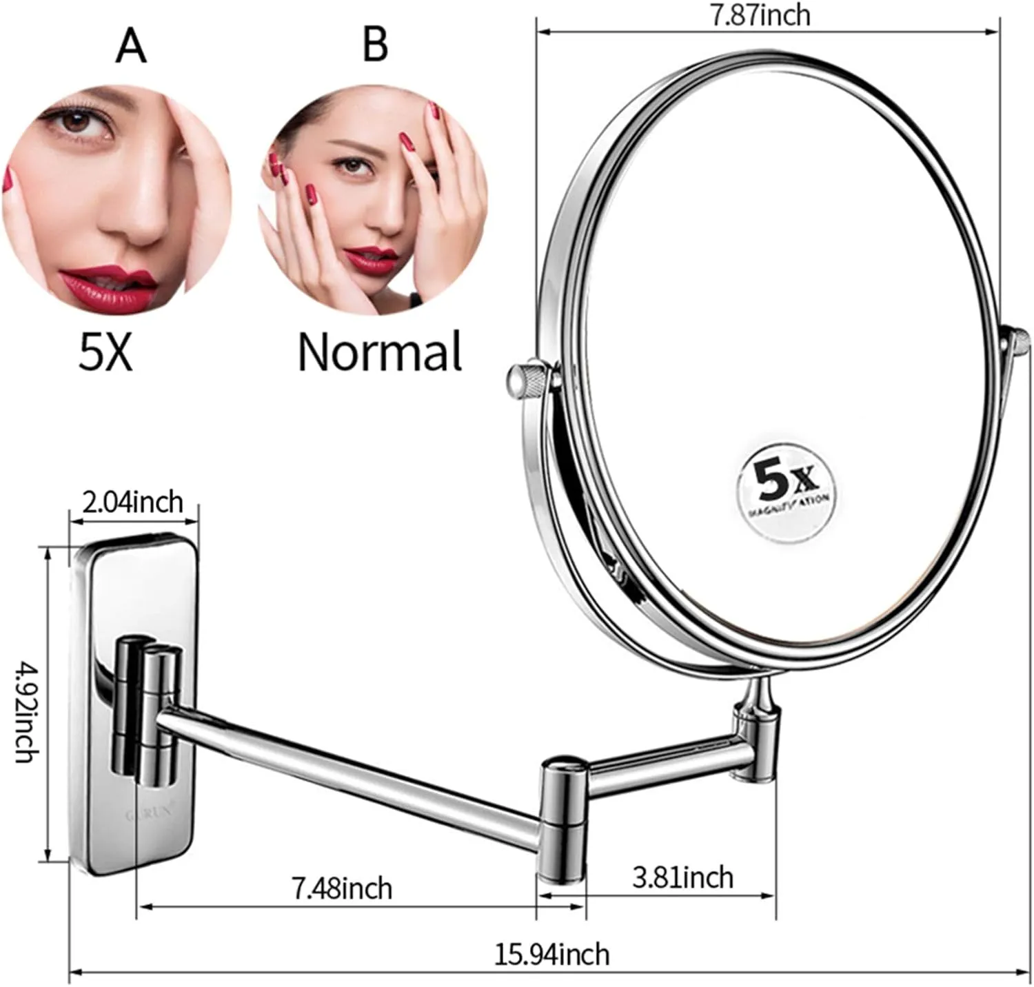 OGRAFF Wall Mounted Makeup Mirror, 8 inch Chrome Finish Double Sided Magnifying Shaving Mirror, Extendable Bathroom Round Cosmetic Vanity Mirrors,3X (Color : 5X)