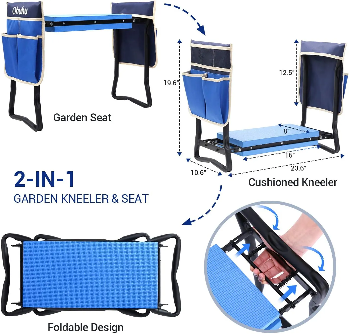 Ohuhu Garden Stool Garden Kneeler and Seat, Foldable Gardening Bench Heavy Duty with Thicker Wider Kneeling Pad 2 Large Tool Pouches Gifts for Fathers Day Men Gardener Parents Elders Friends