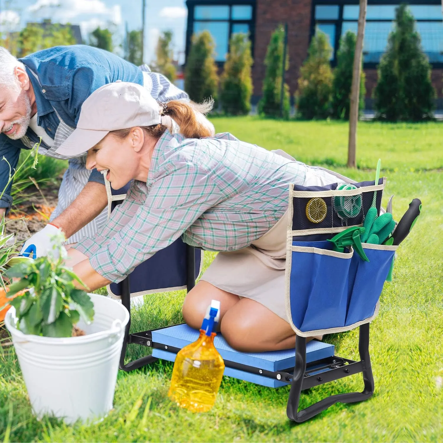 Ohuhu Garden Stool Garden Kneeler and Seat, Foldable Gardening Bench Heavy Duty with Thicker Wider Kneeling Pad 2 Large Tool Pouches Gifts for Fathers Day Men Gardener Parents Elders Friends