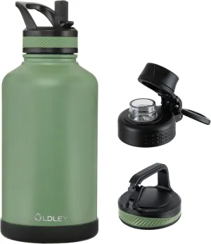 OLDLEY 64 oz Insulated Water Bottle With Straw, Stainless Steel Sports Water Cup Flask with 3 Lids(Straw, Spout and Handle Lid) Double Walled Travel Thermal Canteen Mug,Army Green