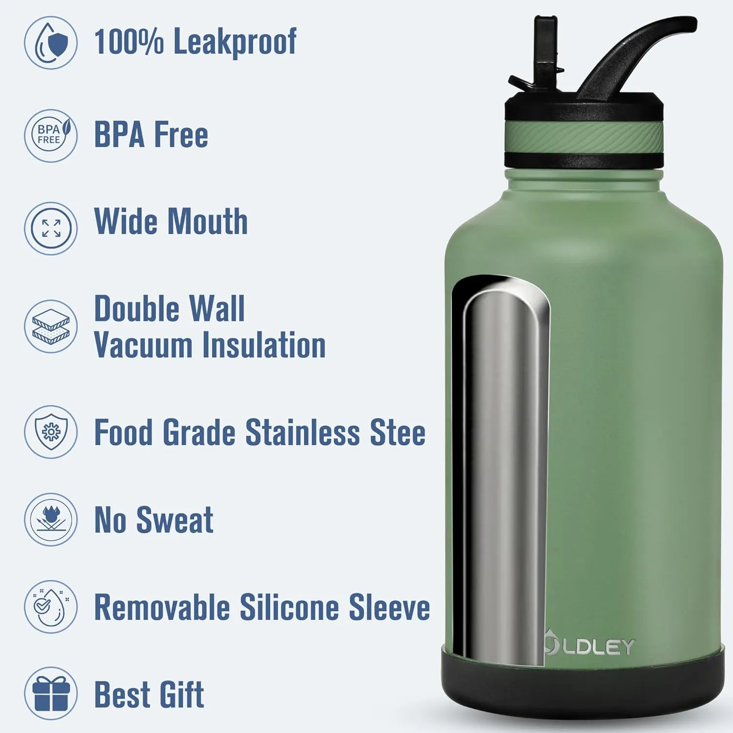 OLDLEY 64 oz Insulated Water Bottle With Straw, Stainless Steel Sports Water Cup Flask with 3 Lids(Straw, Spout and Handle Lid) Double Walled Travel Thermal Canteen Mug,Army Green