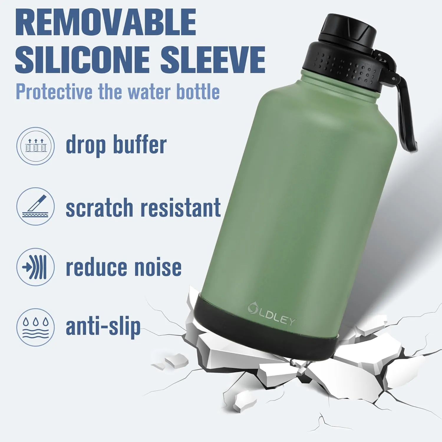 OLDLEY 64 oz Insulated Water Bottle With Straw, Stainless Steel Sports Water Cup Flask with 3 Lids(Straw, Spout and Handle Lid) Double Walled Travel Thermal Canteen Mug,Army Green