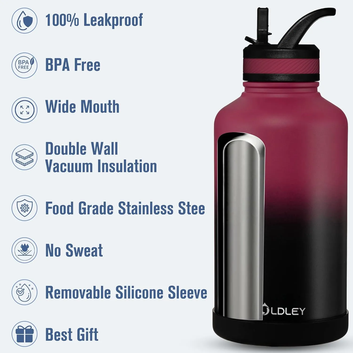 OLDLEY 64 oz Insulated Water Bottle With Straw, Stainless Steel Sports Water Cup Flask with 3 Lids(Straw, Spout and Handle Lid) Double Walled Travel Thermal Canteen Mug,Dark Rainbow