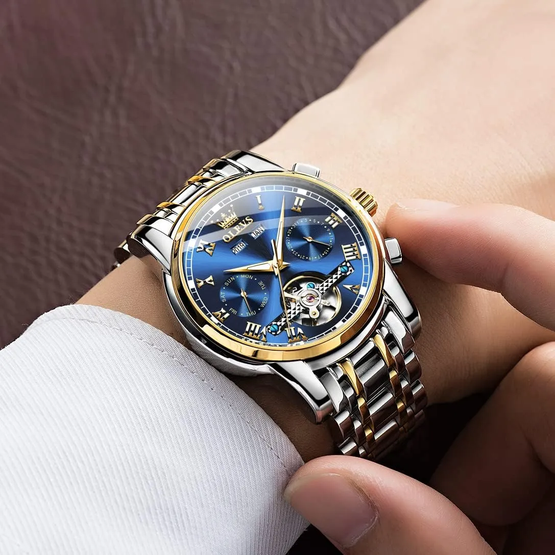 OLEVS Self Winding Watches for Men Automatic Mechanical Dress Tourbillon Stainless Steel Dual Calendar Waterproof Luminous Wrist Watch