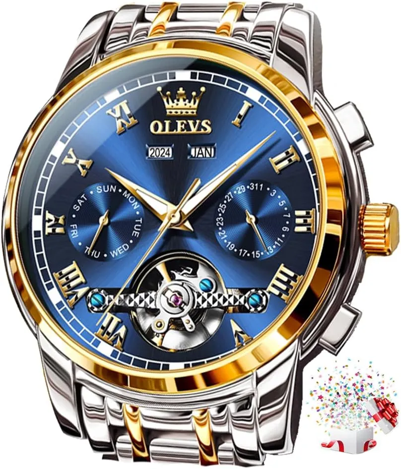 OLEVS Self Winding Watches for Men Automatic Mechanical Dress Tourbillon Stainless Steel Dual Calendar Waterproof Luminous Wrist Watch