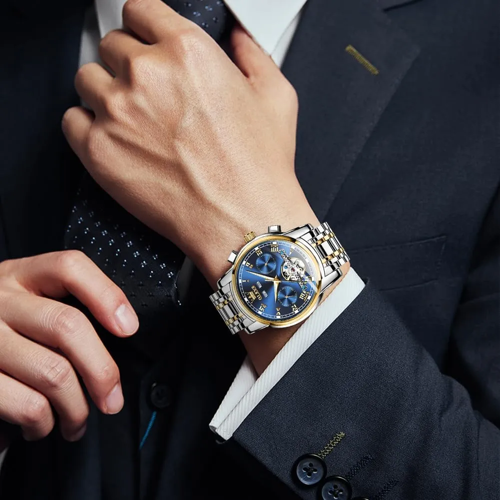 OLEVS Self Winding Watches for Men Automatic Mechanical Dress Tourbillon Stainless Steel Dual Calendar Waterproof Luminous Wrist Watch