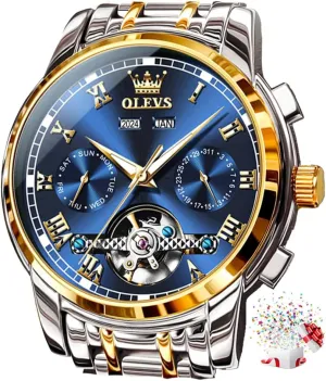OLEVS Self Winding Watches for Men Automatic Mechanical Dress Tourbillon Stainless Steel Dual Calendar Waterproof Luminous Wrist Watch