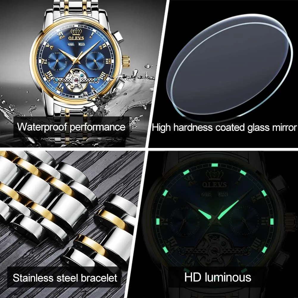 OLEVS Self Winding Watches for Men Automatic Mechanical Dress Tourbillon Stainless Steel Dual Calendar Waterproof Luminous Wrist Watch