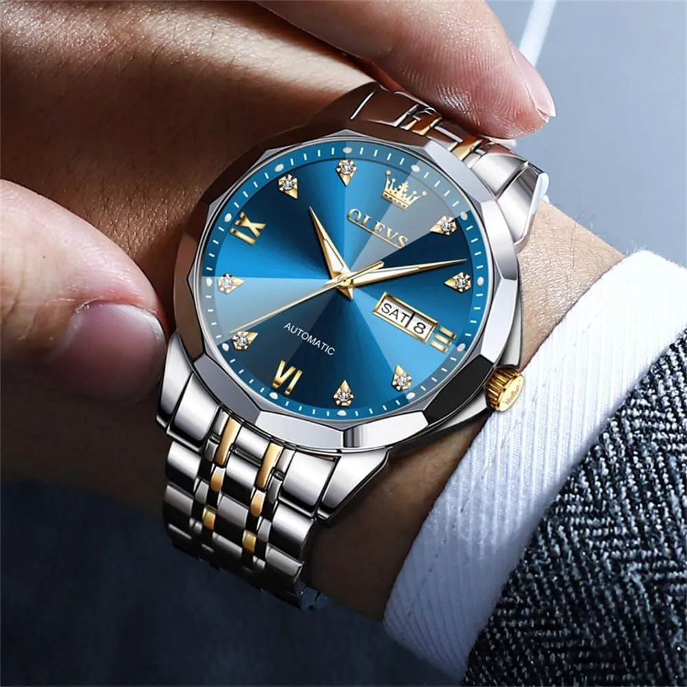 OLEVS Watch for Men Automatic Classic Mechanical Watch Diamond Mirror Stainless Steel Dress Casual Waterproof Day/Date Calendar