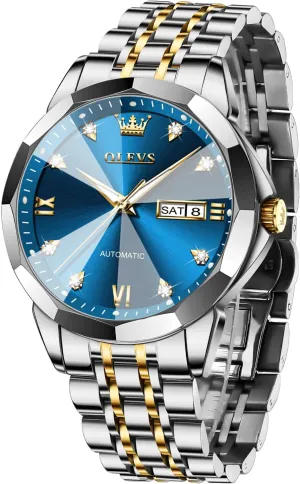OLEVS Watch for Men Automatic Classic Mechanical Watch Diamond Mirror Stainless Steel Dress Casual Waterproof Day/Date Calendar