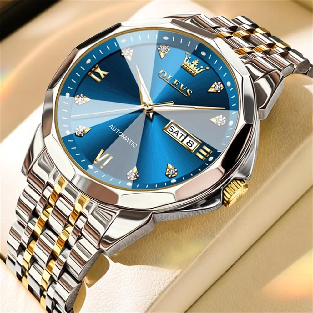 OLEVS Watch for Men Automatic Classic Mechanical Watch Diamond Mirror Stainless Steel Dress Casual Waterproof Day/Date Calendar