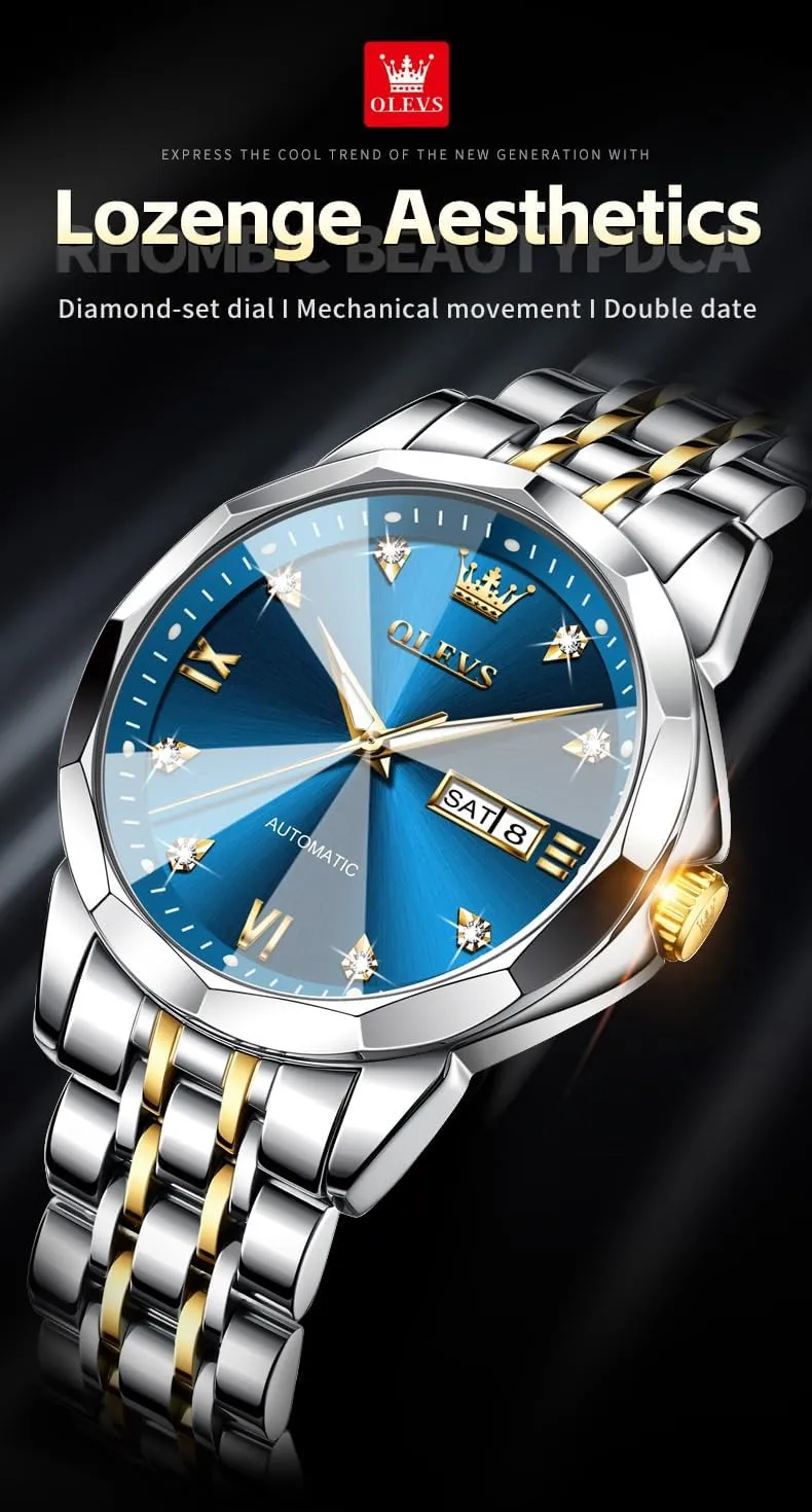 OLEVS Watch for Men Automatic Classic Mechanical Watch Diamond Mirror Stainless Steel Dress Casual Waterproof Day/Date Calendar