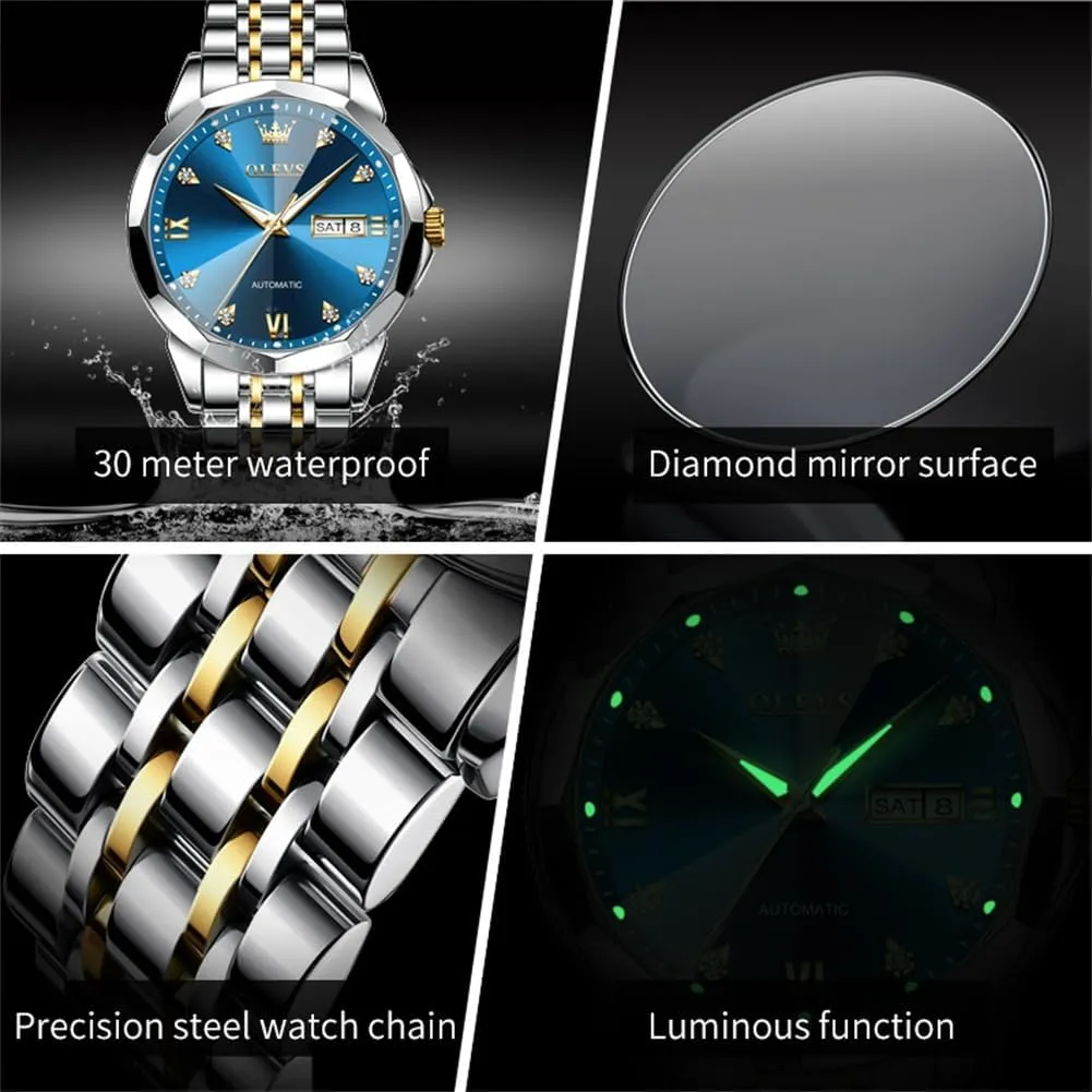 OLEVS Watch for Men Automatic Classic Mechanical Watch Diamond Mirror Stainless Steel Dress Casual Waterproof Day/Date Calendar