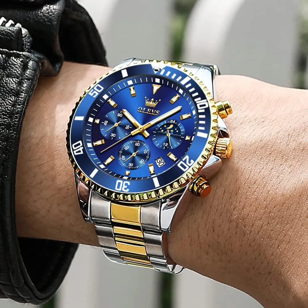 OLEVS Watches for Men Classic with Date Business Dress Luxury Big Face Green/Black/Blue Waterproof Luminous Mens Wrist Watch Analog Two Tone Stainless Steel Men Watch