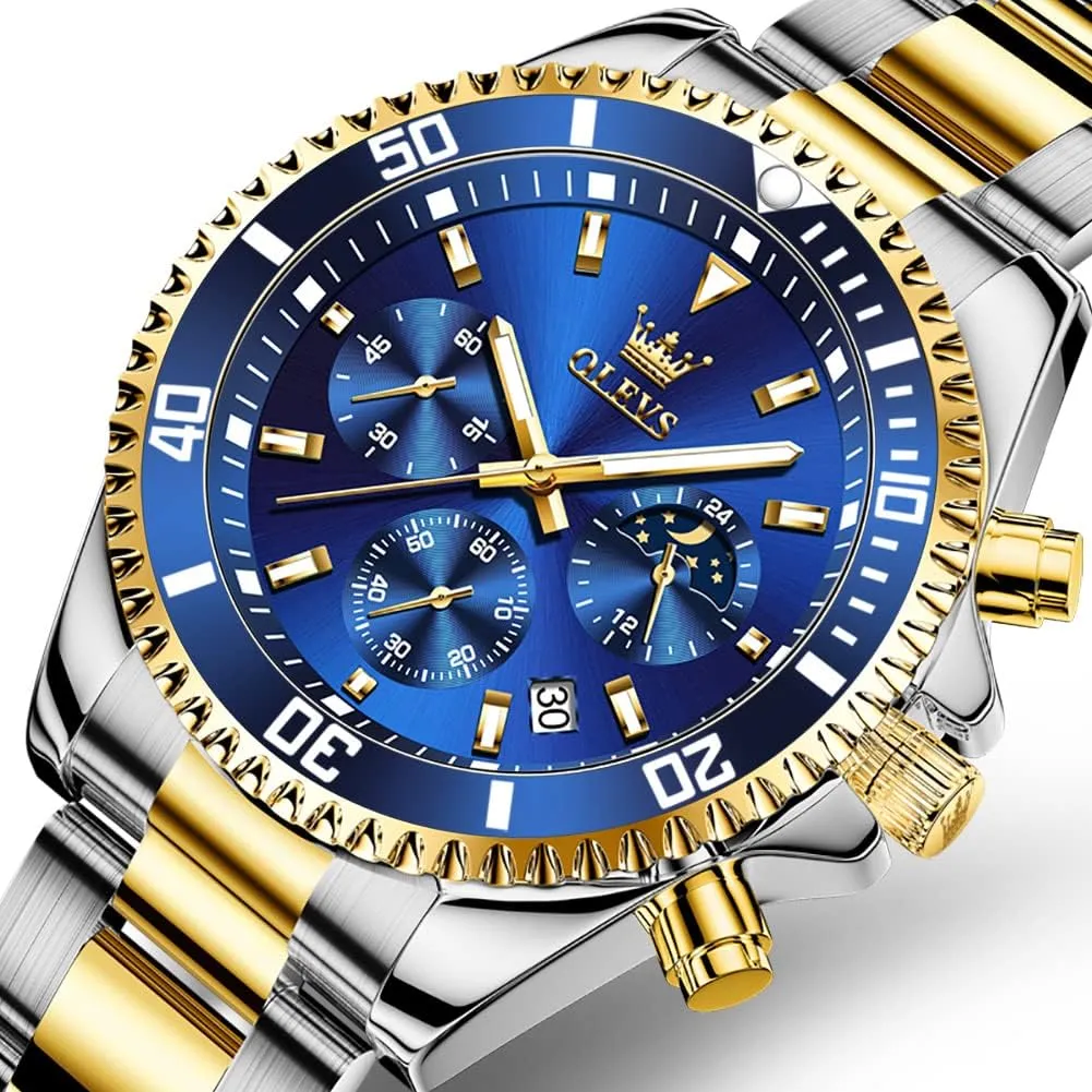 OLEVS Watches for Men Classic with Date Business Dress Luxury Big Face Green/Black/Blue Waterproof Luminous Mens Wrist Watch Analog Two Tone Stainless Steel Men Watch