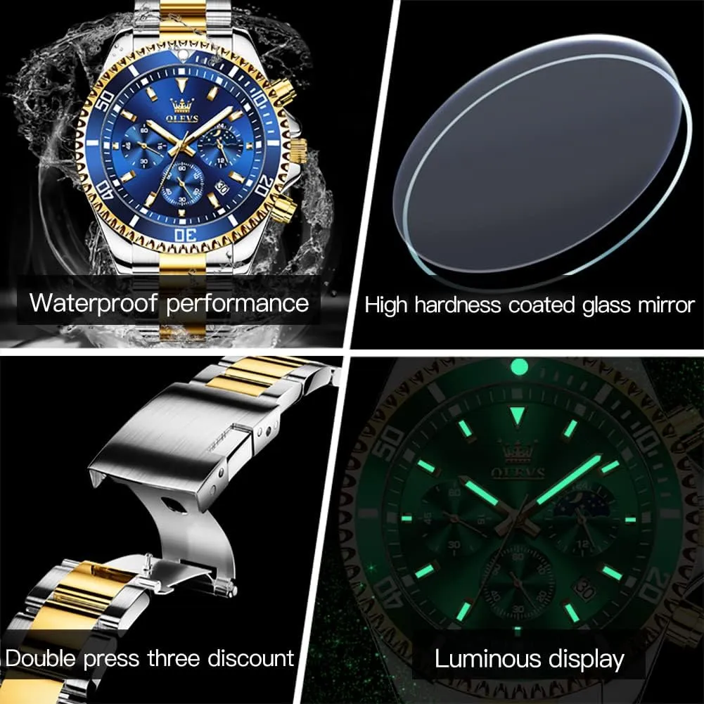 OLEVS Watches for Men Classic with Date Business Dress Luxury Big Face Green/Black/Blue Waterproof Luminous Mens Wrist Watch Analog Two Tone Stainless Steel Men Watch