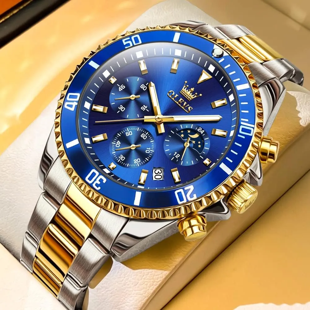OLEVS Watches for Men Classic with Date Business Dress Luxury Big Face Green/Black/Blue Waterproof Luminous Mens Wrist Watch Analog Two Tone Stainless Steel Men Watch