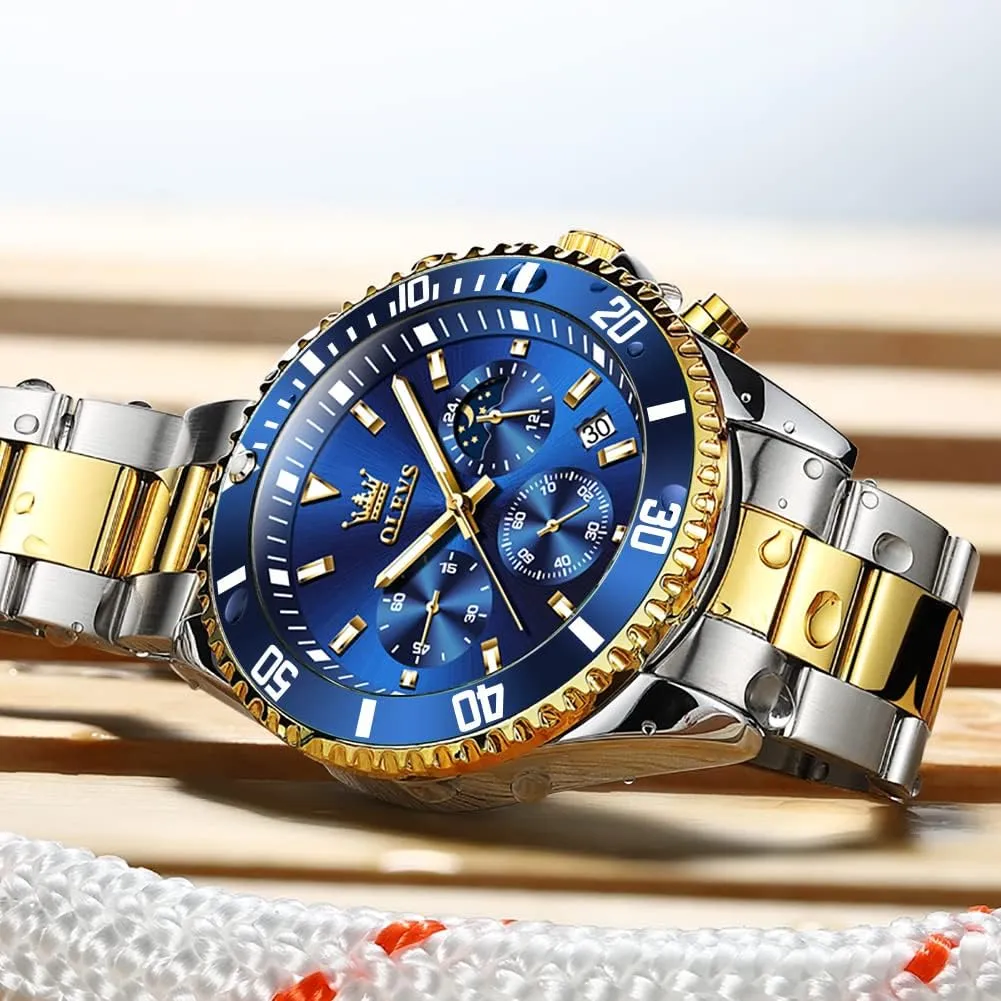 OLEVS Watches for Men Classic with Date Business Dress Luxury Big Face Green/Black/Blue Waterproof Luminous Mens Wrist Watch Analog Two Tone Stainless Steel Men Watch