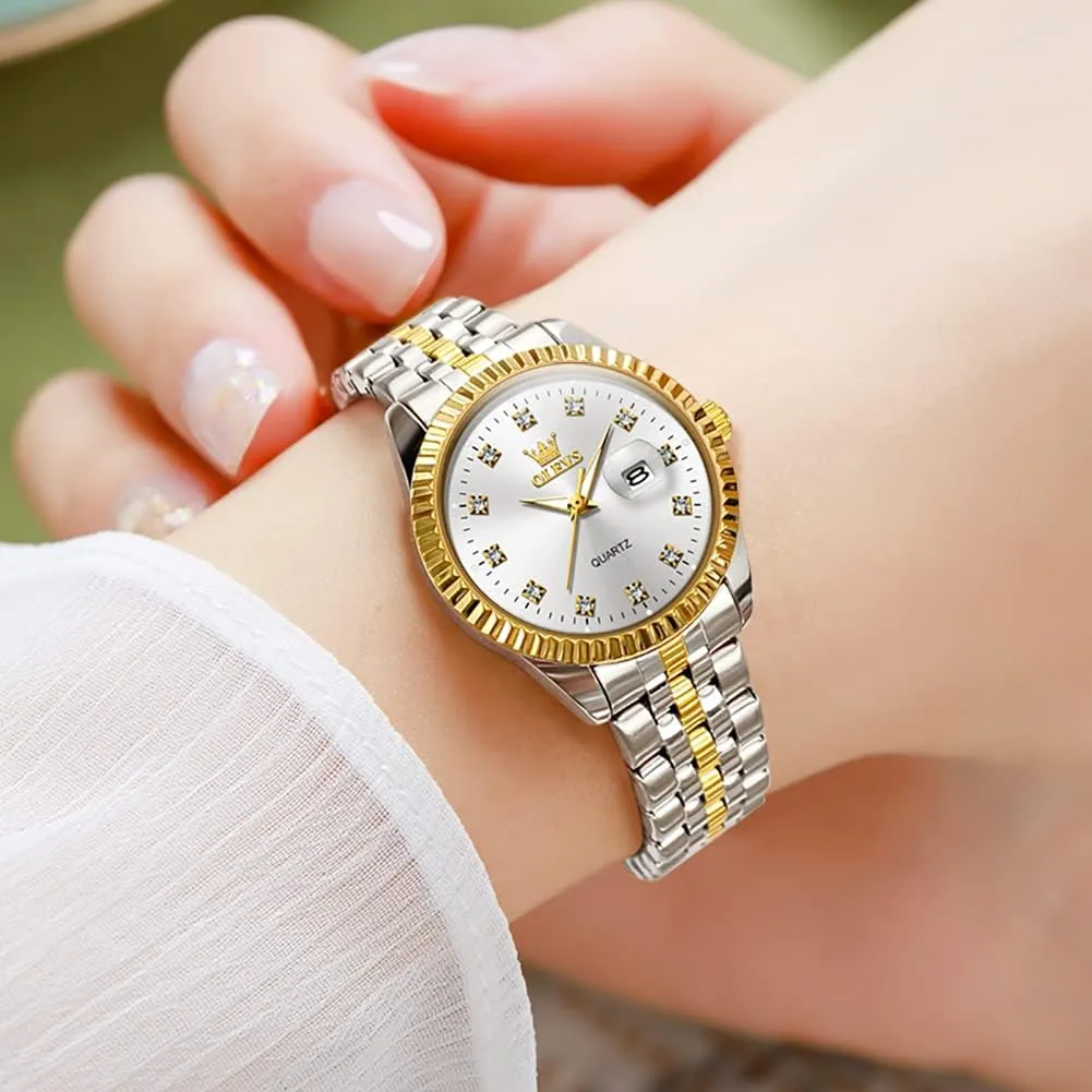 OLEVS Women's Stainless Steel Watch, Small Face Vintage Gold Silver Two Tone Analog Womens Quartz Watch, Casual Waterproof Luminous Calendar Date Ladies Watches