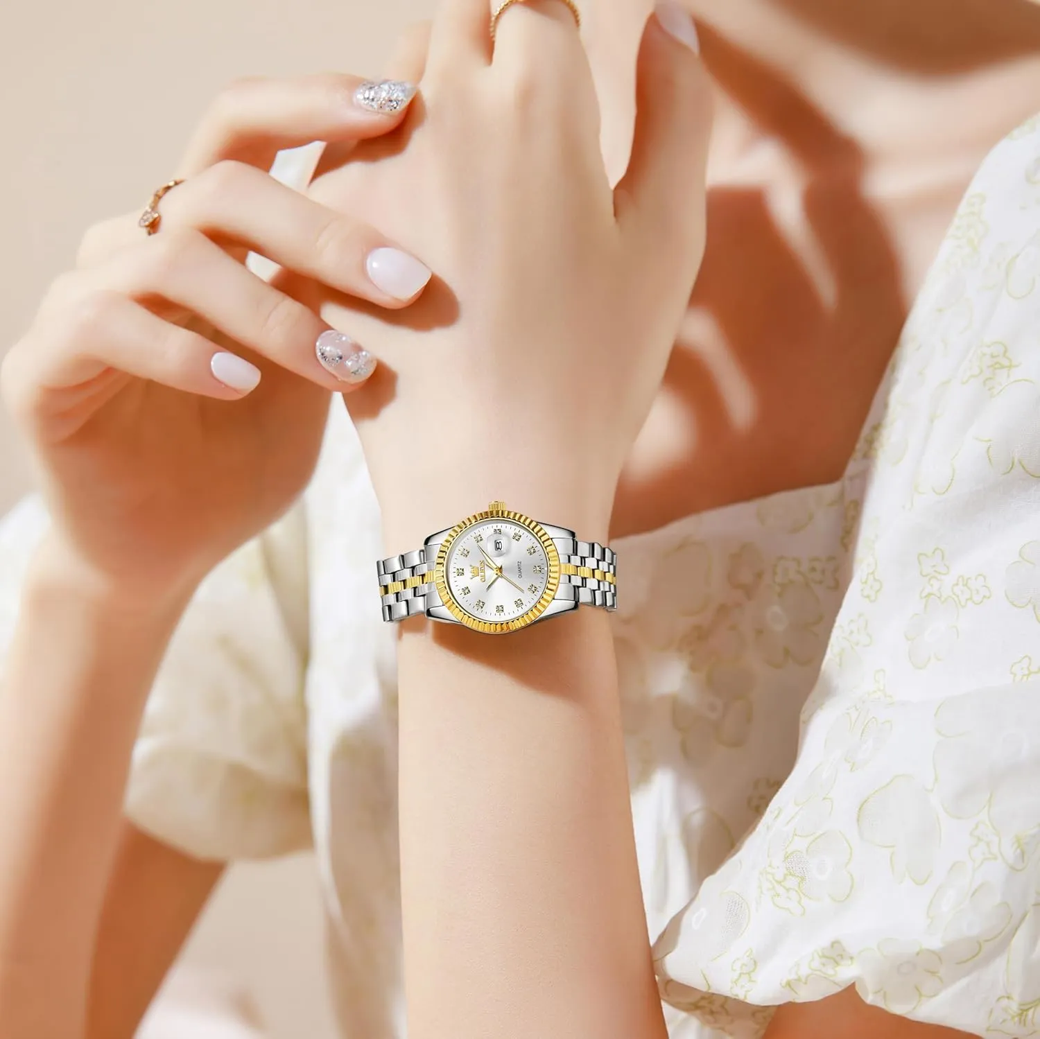 OLEVS Women's Stainless Steel Watch, Small Face Vintage Gold Silver Two Tone Analog Womens Quartz Watch, Casual Waterproof Luminous Calendar Date Ladies Watches