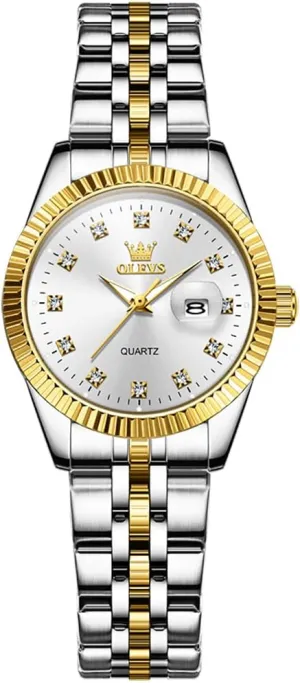 OLEVS Women's Stainless Steel Watch, Small Face Vintage Gold Silver Two Tone Analog Womens Quartz Watch, Casual Waterproof Luminous Calendar Date Ladies Watches