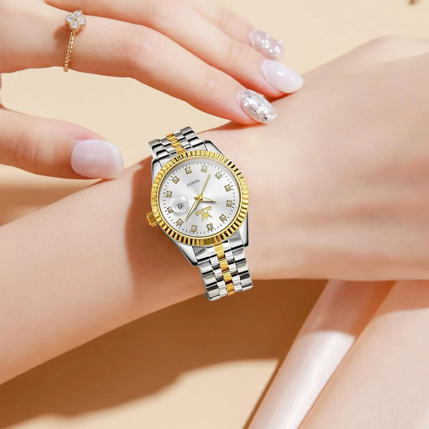 OLEVS Women's Stainless Steel Watch, Small Face Vintage Gold Silver Two Tone Analog Womens Quartz Watch, Casual Waterproof Luminous Calendar Date Ladies Watches