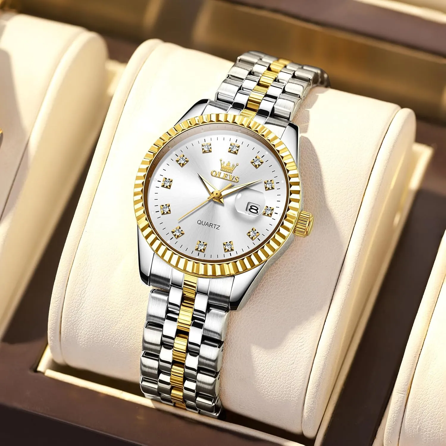 OLEVS Women's Stainless Steel Watch, Small Face Vintage Gold Silver Two Tone Analog Womens Quartz Watch, Casual Waterproof Luminous Calendar Date Ladies Watches
