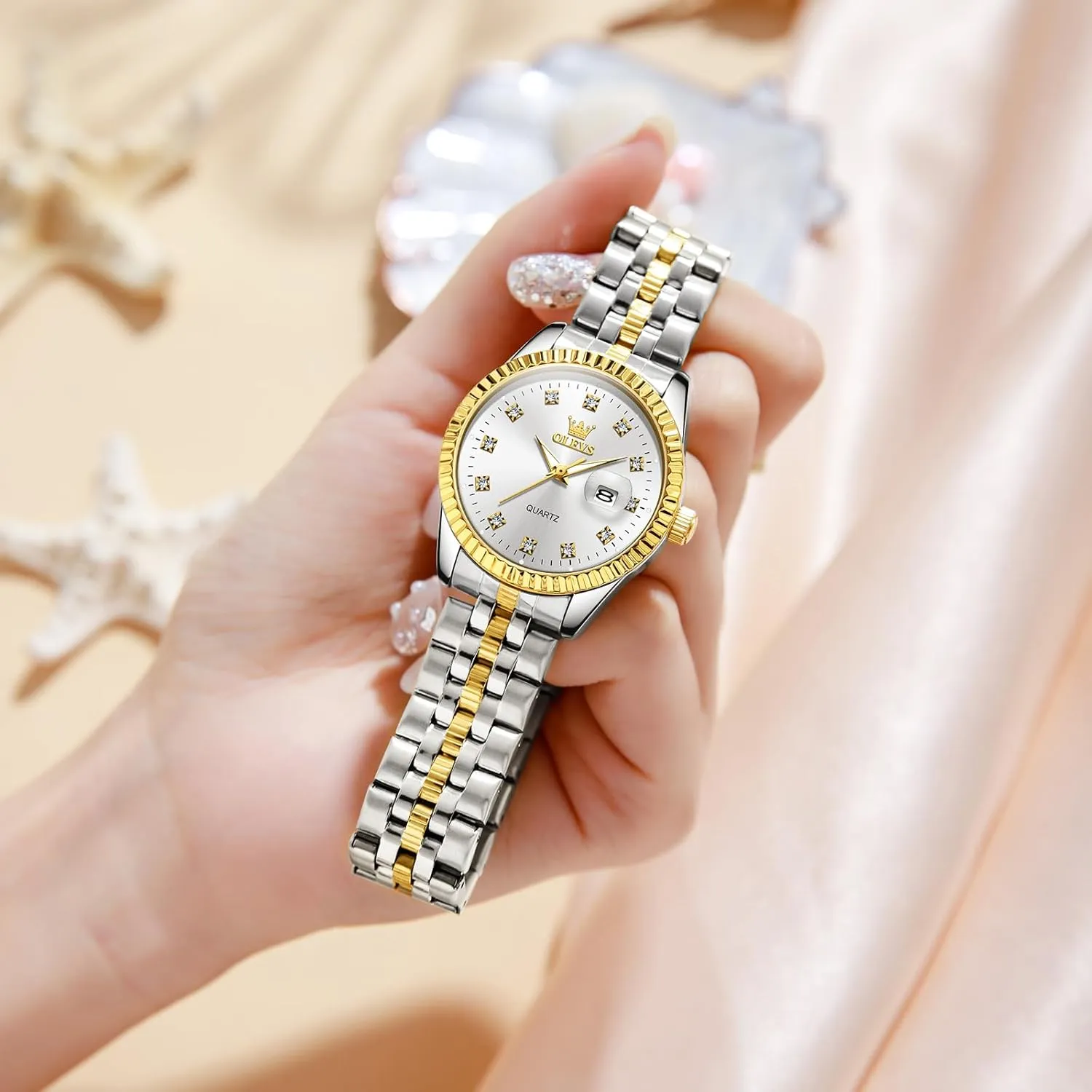 OLEVS Women's Stainless Steel Watch, Small Face Vintage Gold Silver Two Tone Analog Womens Quartz Watch, Casual Waterproof Luminous Calendar Date Ladies Watches