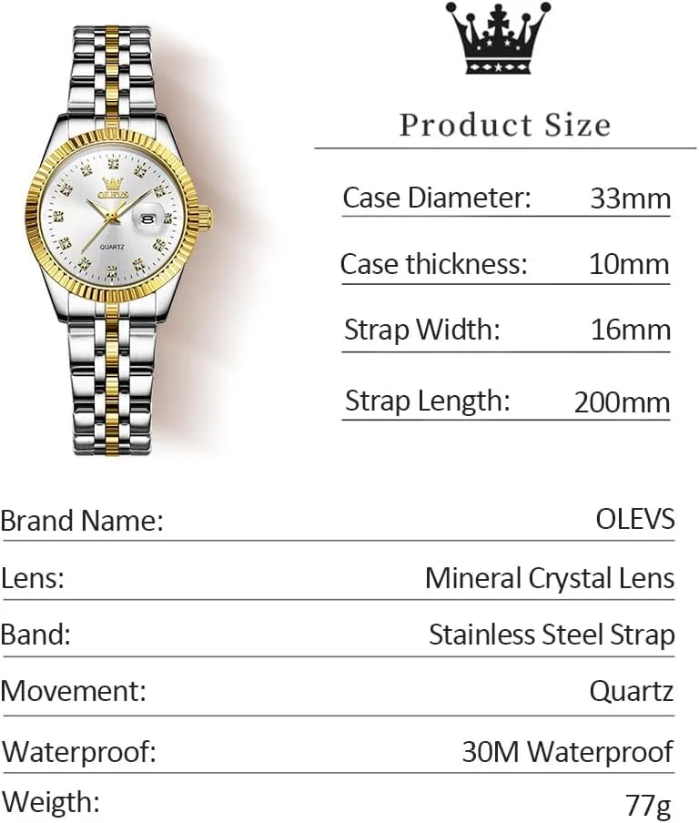OLEVS Women's Stainless Steel Watch, Small Face Vintage Gold Silver Two Tone Analog Womens Quartz Watch, Casual Waterproof Luminous Calendar Date Ladies Watches