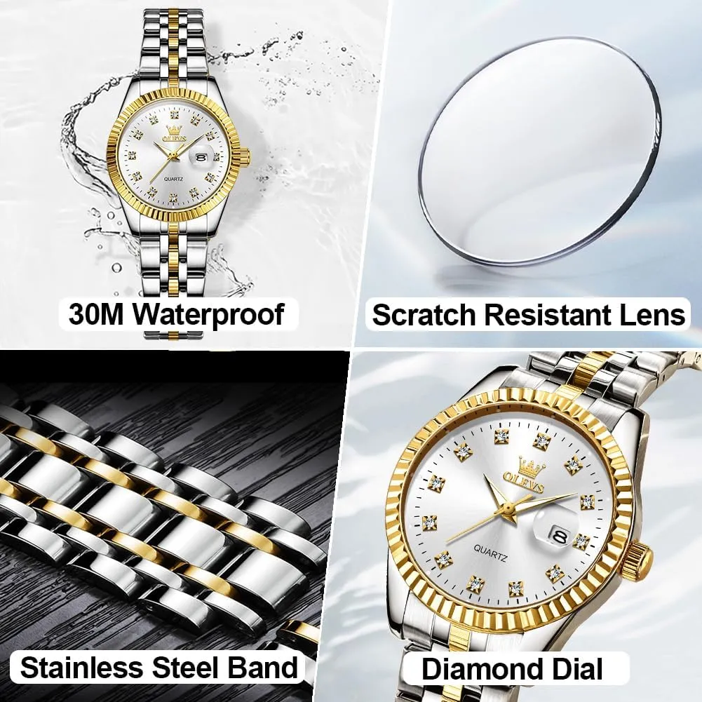 OLEVS Women's Stainless Steel Watch, Small Face Vintage Gold Silver Two Tone Analog Womens Quartz Watch, Casual Waterproof Luminous Calendar Date Ladies Watches