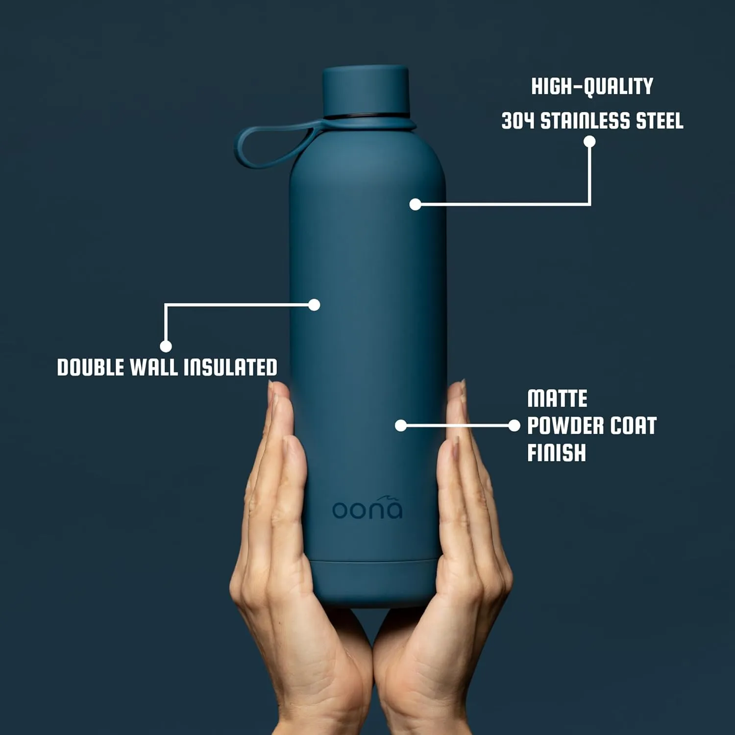 OONA Insulated Water Bottle 25 oz, BPA-Free Stainless Steel Water Bottle, Leak-Proof with Carrying Loop, Double Wall Vacuum Insulation, Stays Hot or Cold for 12 Hours, Travel Friendly (Midnight Blue)
