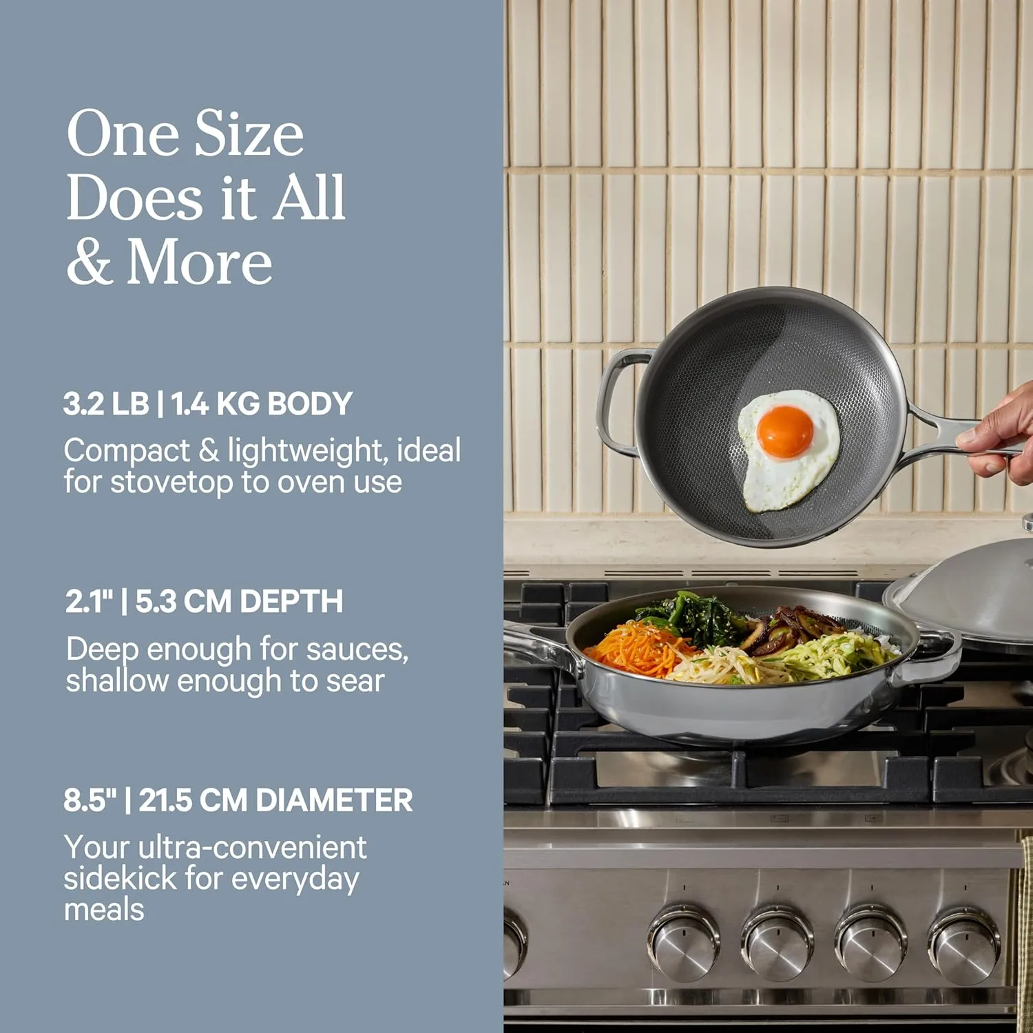 Our Place Titanium Mini Always Pan Pro - 8.5” (1.48 Qt) No-Coating Nonstick Skillet | Tri-Ply Titanium & Stainless Steel | Safe for Oven, Induction & Cooktops up to 1000°F | Includes Spatula | Chrome