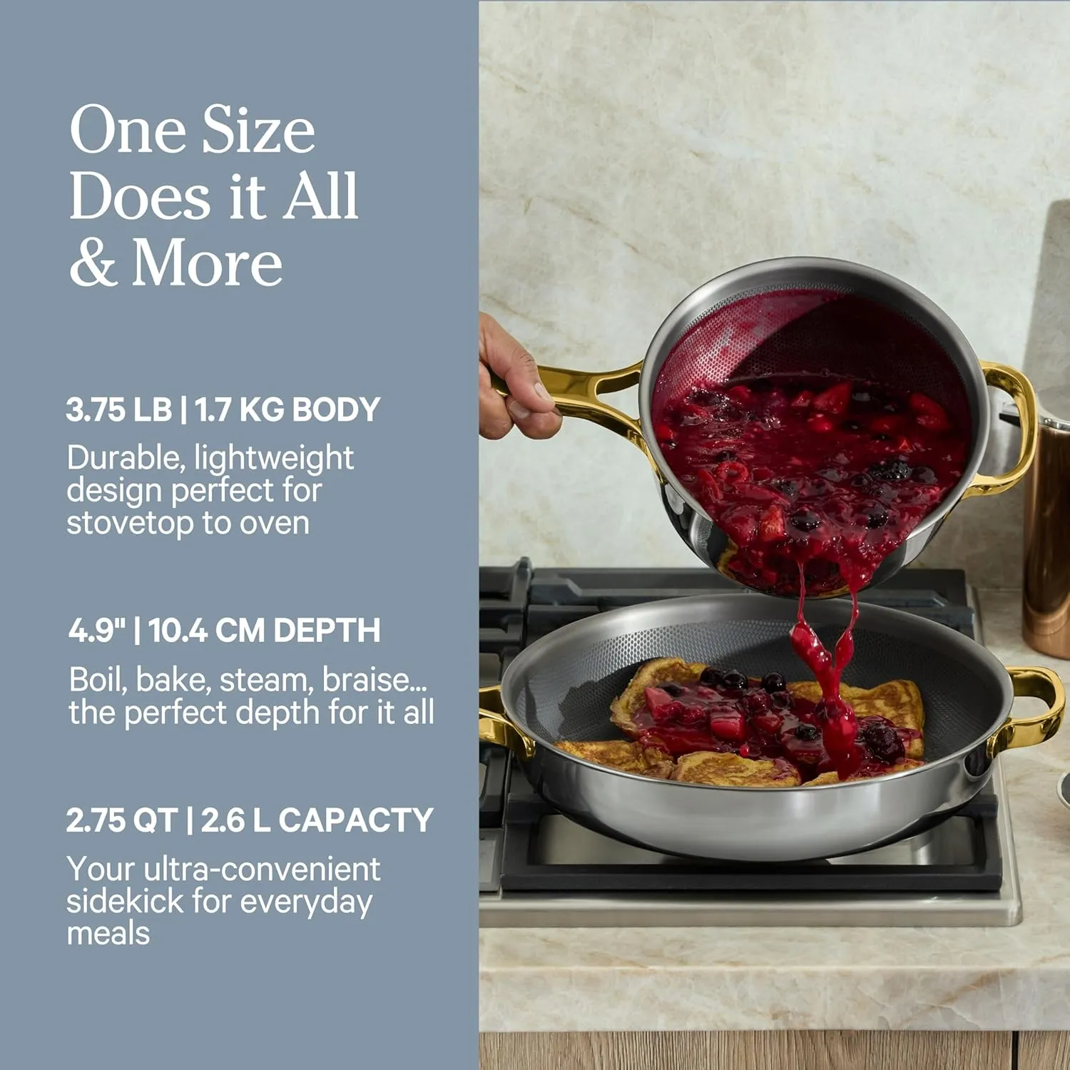 Our Place Titanium Mini Perfect Pot Pro - 2.75 Qt No-Coating Nonstick Pot | Tri-Ply Titanium & Stainless Steel | Oven-Safe up to 750°F & Compatible with All Cooktops | Gold