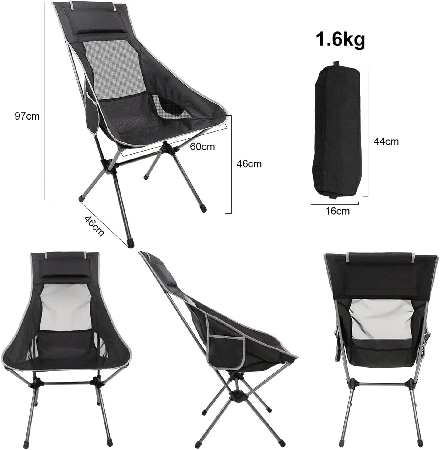 Outdoor Chair Folding Camping Chair Outdoor High Back Camping Chair Portable Folding Seat With Mesh Backrest Camping Fishing Stool With Quilted Pillow Camping Chair Foldable Chair ( Color : Black )