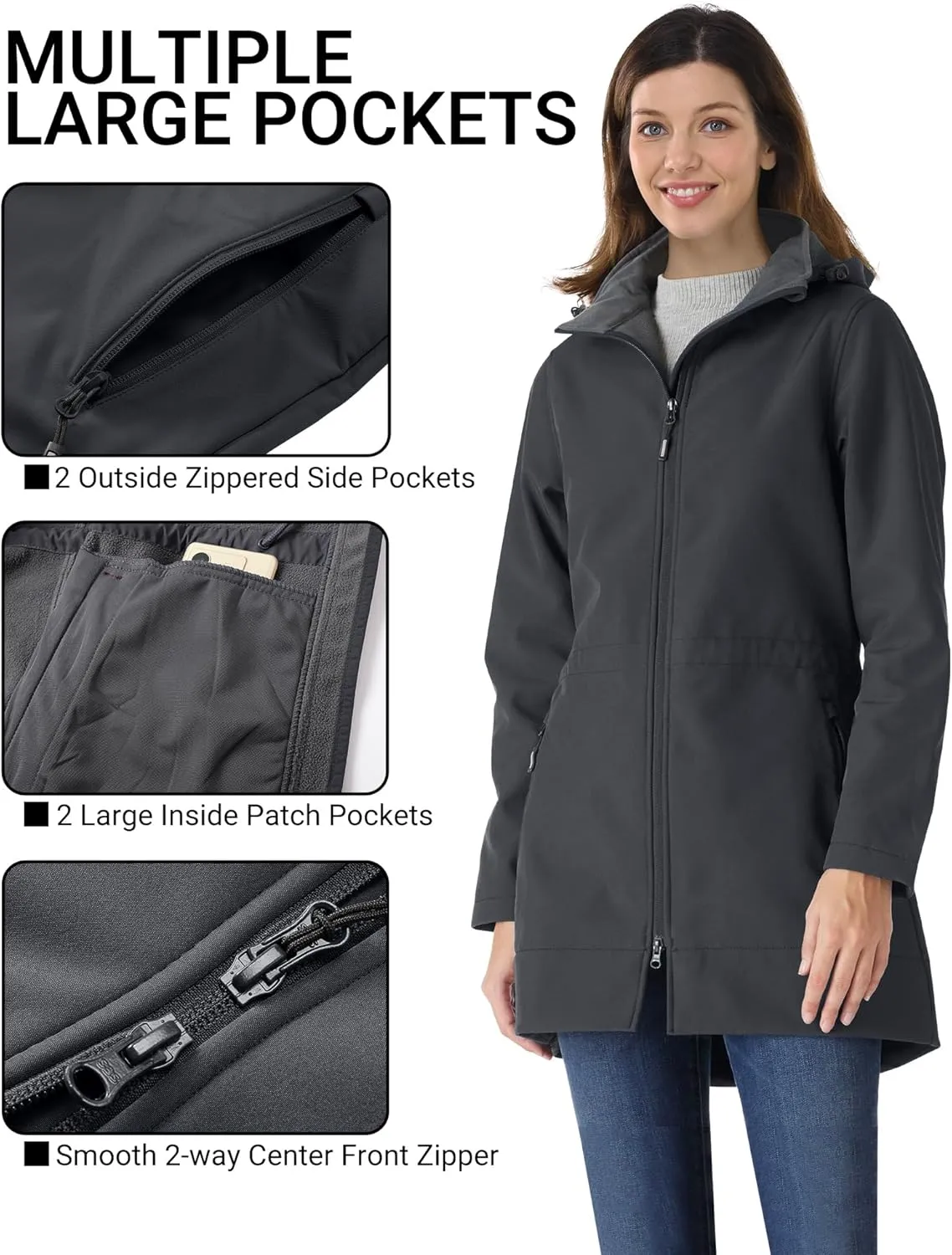 Outdoor Ventures Women's Softshell Jacket with Removable Hood Fleece Lined Windbreaker Insulated Long Warm Rain Jacket