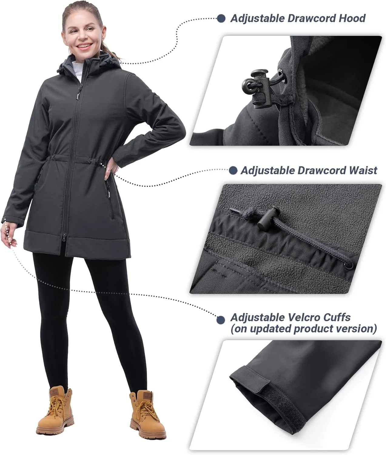 Outdoor Ventures Women's Softshell Jacket with Removable Hood Fleece Lined Windbreaker Insulated Long Warm Rain Jacket