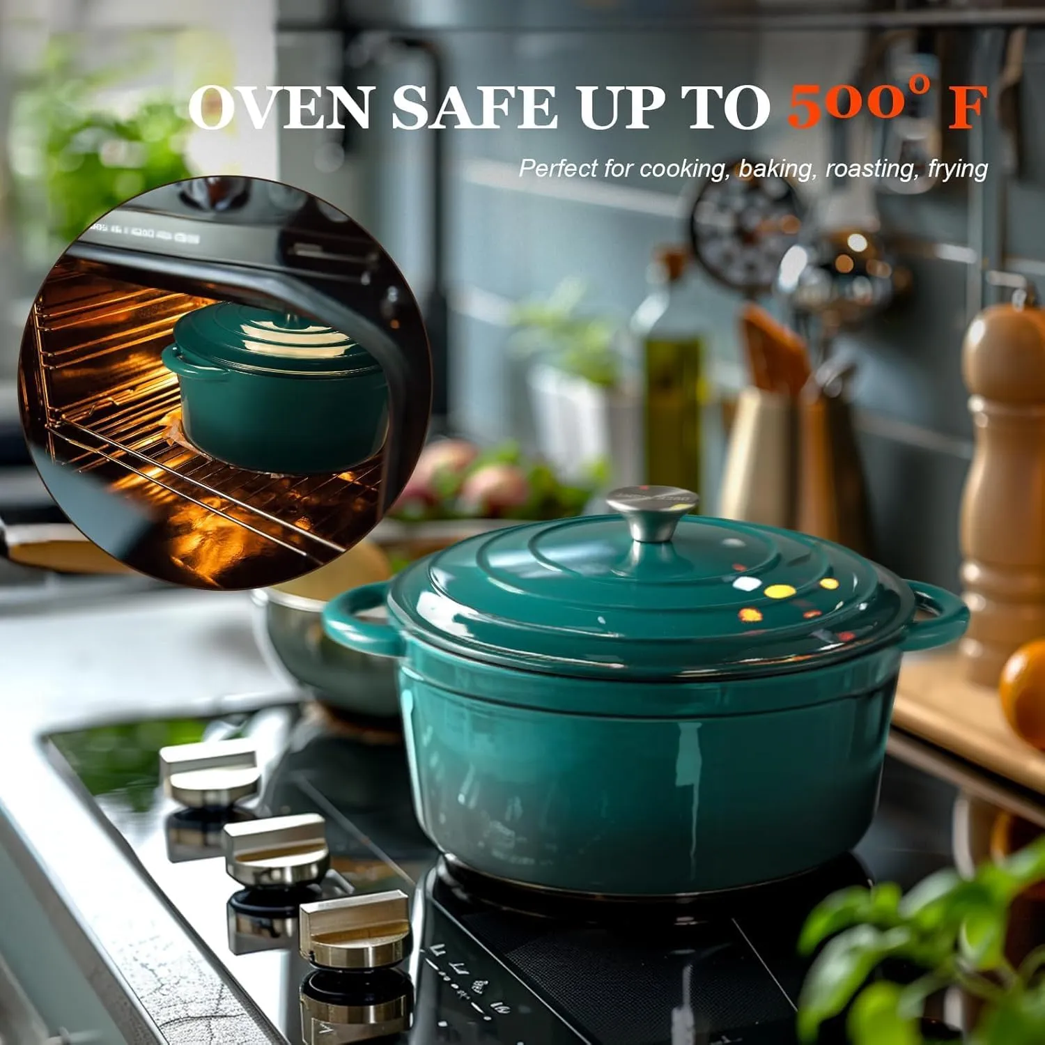 Overmont Enameled Cast Iron Dutch Oven - 5.5QT Pot with Lid Cookbook & Cotton Potholders - Heavy-Duty Cookware for Braising, Stews, Roasting, Bread Baking bottle green