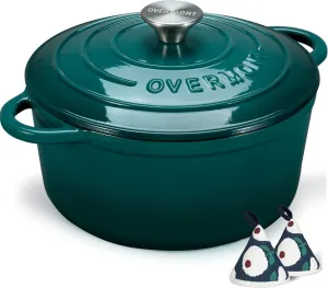 Overmont Enameled Cast Iron Dutch Oven - 5.5QT Pot with Lid Cookbook & Cotton Potholders - Heavy-Duty Cookware for Braising, Stews, Roasting, Bread Baking bottle green