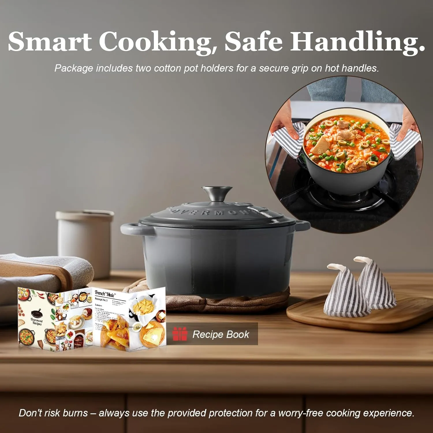 Overmont Enameled Cast Iron Dutch Oven - 5.5QT Pot with Lid Cookbook & Cotton Potholders - Heavy-Duty Cookware for Braising, Stews, Roasting, Bread Baking grey