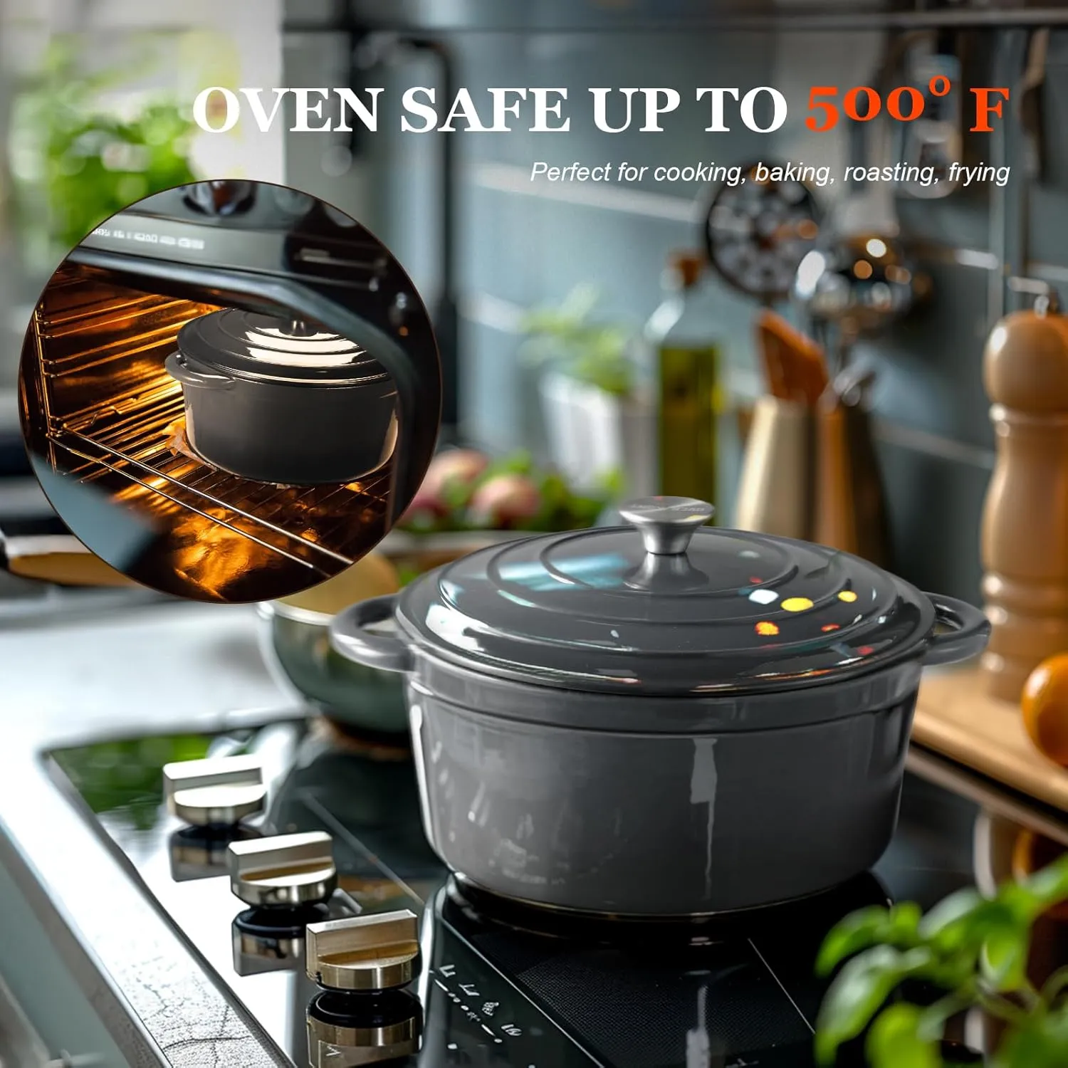Overmont Enameled Cast Iron Dutch Oven - 5.5QT Pot with Lid Cookbook & Cotton Potholders - Heavy-Duty Cookware for Braising, Stews, Roasting, Bread Baking grey
